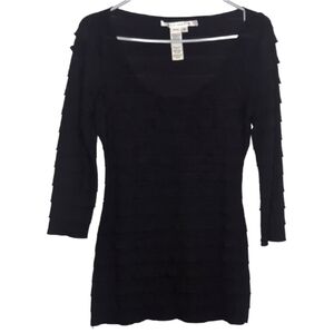 Max Studio Women's Small Black Stretch Layered Scoop‎ Neck 3/4 Sleeve Length Top